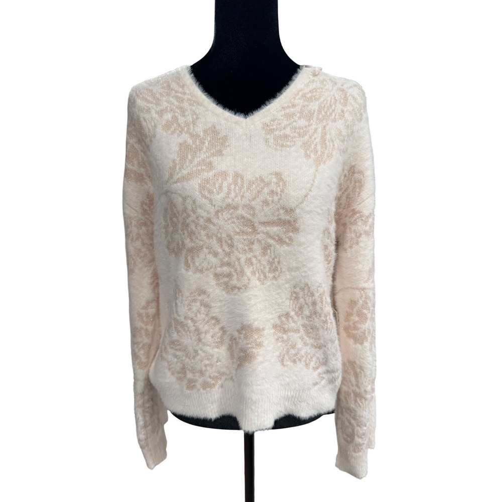 Joie Women's M Eyelash Knit V-Neck Sweater Metallic Floral Cream Rose Gold RN